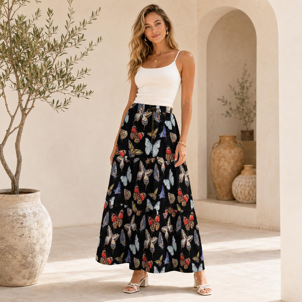 Butterfly and Moth Maxi Skirt, Black Multicolor Winged Insect Print