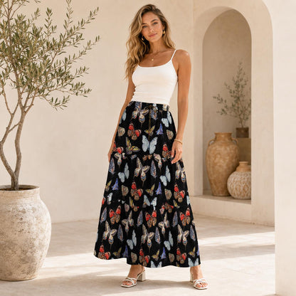 Butterfly and Moth Maxi Skirt, Black Multicolor Winged Insect Print