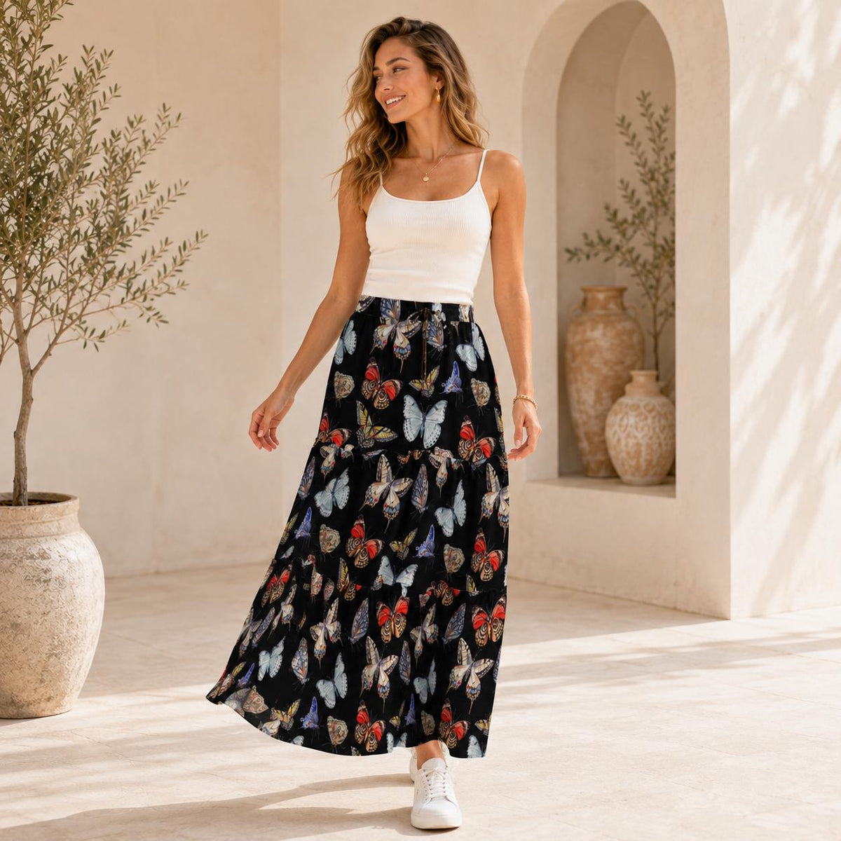 Butterfly and Moth Maxi Skirt, Black Multicolor Winged Insect Print