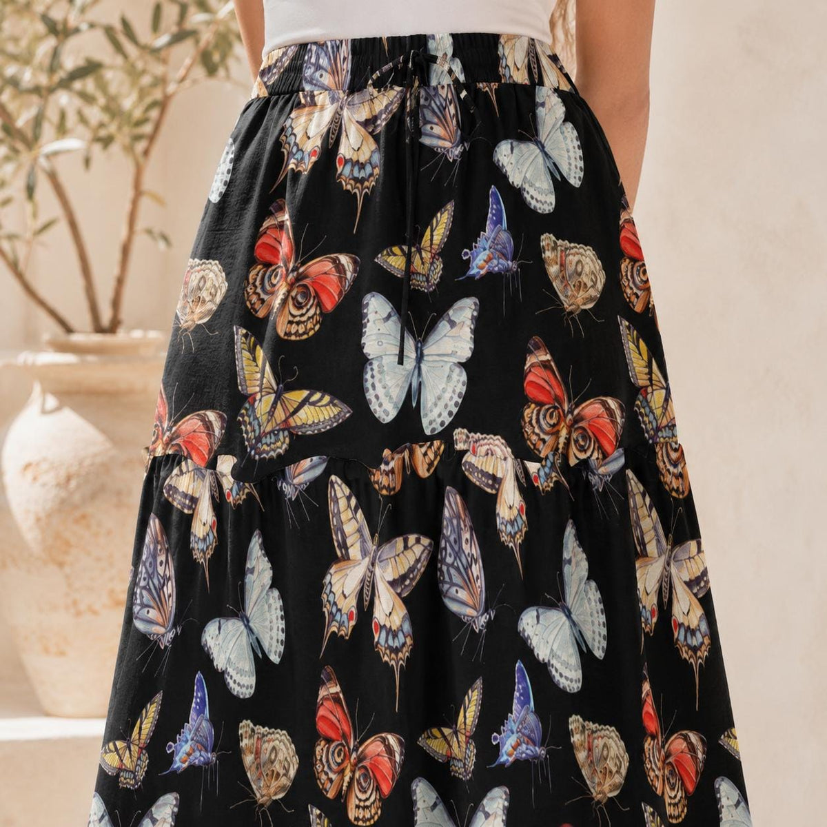 Butterfly and Moth Maxi Skirt, Black Multicolor Winged Insect Print