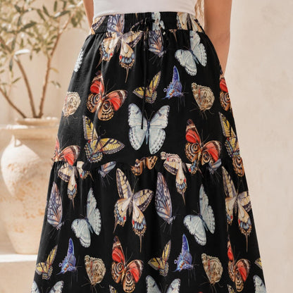 Butterfly and Moth Maxi Skirt, Black Multicolor Winged Insect Print