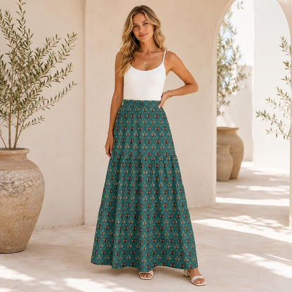Tiny Floral Sprig Maxi Skirt, Teal Vintage Botanical Tiered Skirt