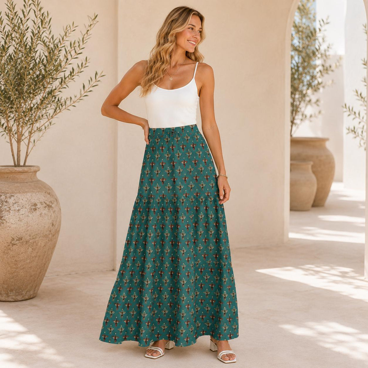 Tiny Floral Sprig Maxi Skirt, Teal Vintage Botanical Tiered Skirt