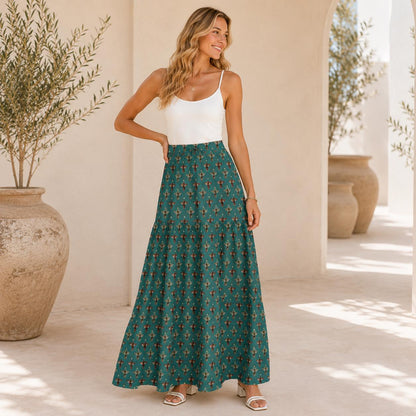 Tiny Floral Sprig Maxi Skirt, Teal Vintage Botanical Tiered Skirt