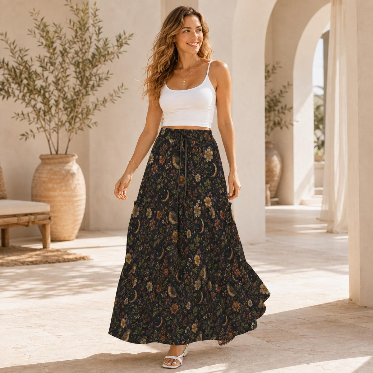Celestial Floral Maxi Skirt, Crescent Moon Dark Botanical Tiered Design