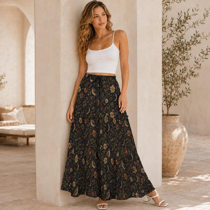 Celestial Floral Maxi Skirt, Crescent Moon Dark Botanical Tiered Design
