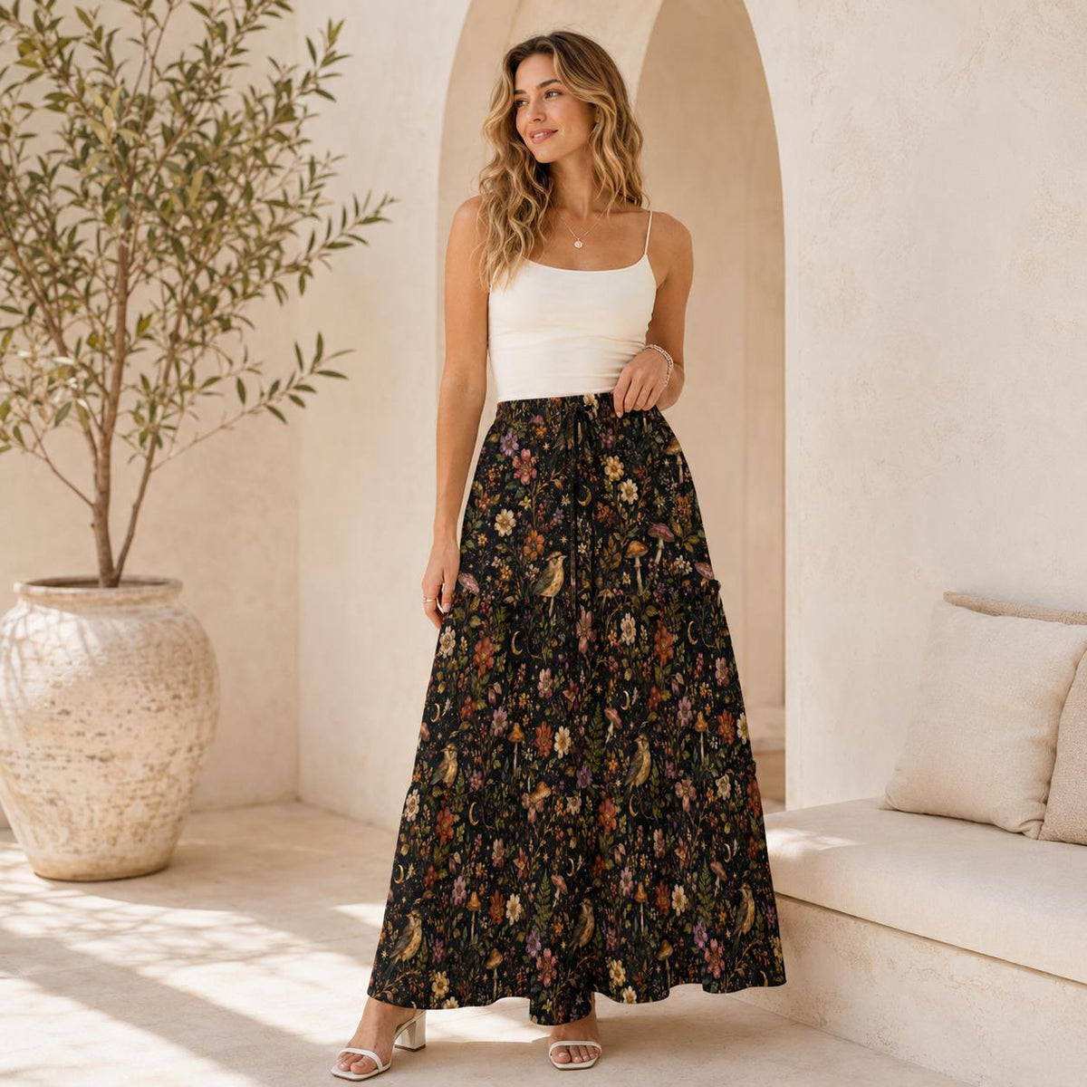 Celestial Floral Maxi Skirt, Gold Crescent Moons on Black