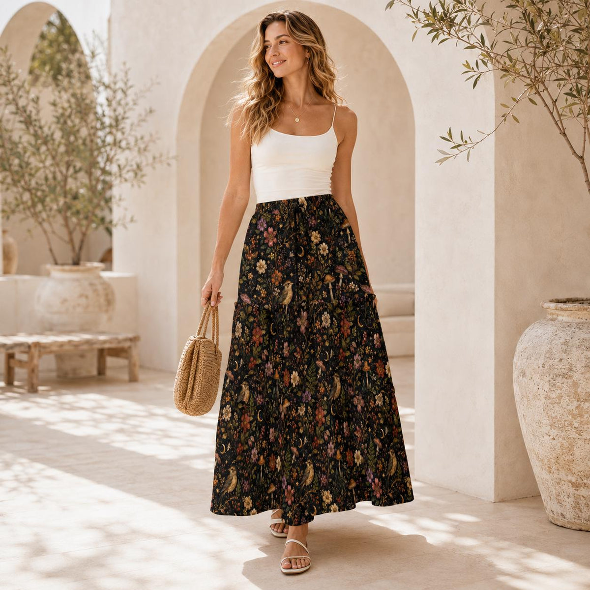 Celestial Floral Maxi Skirt, Gold Crescent Moons on Black