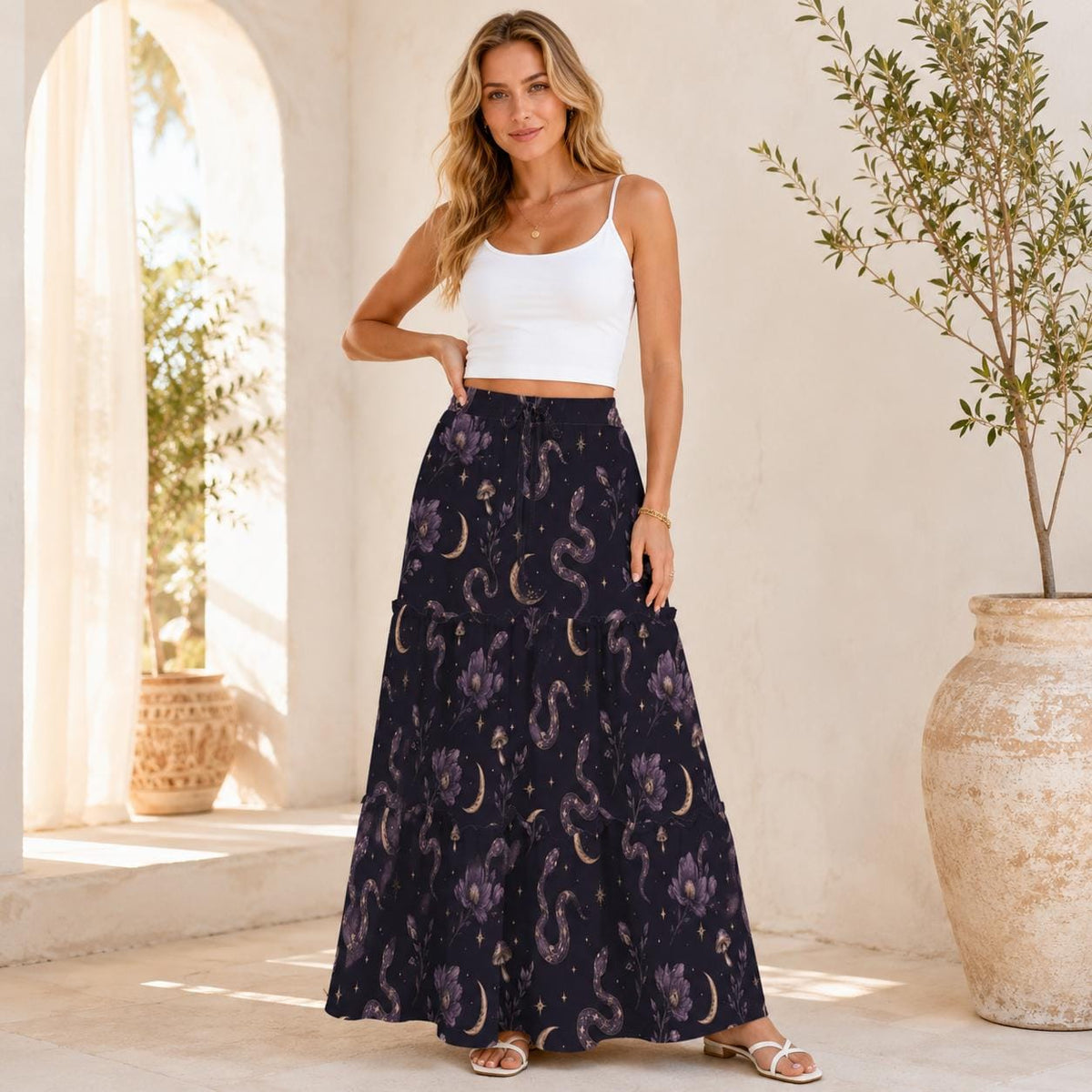 Celestial Serpent Maxi Skirt, Purple Moon and Floral Gothic Design