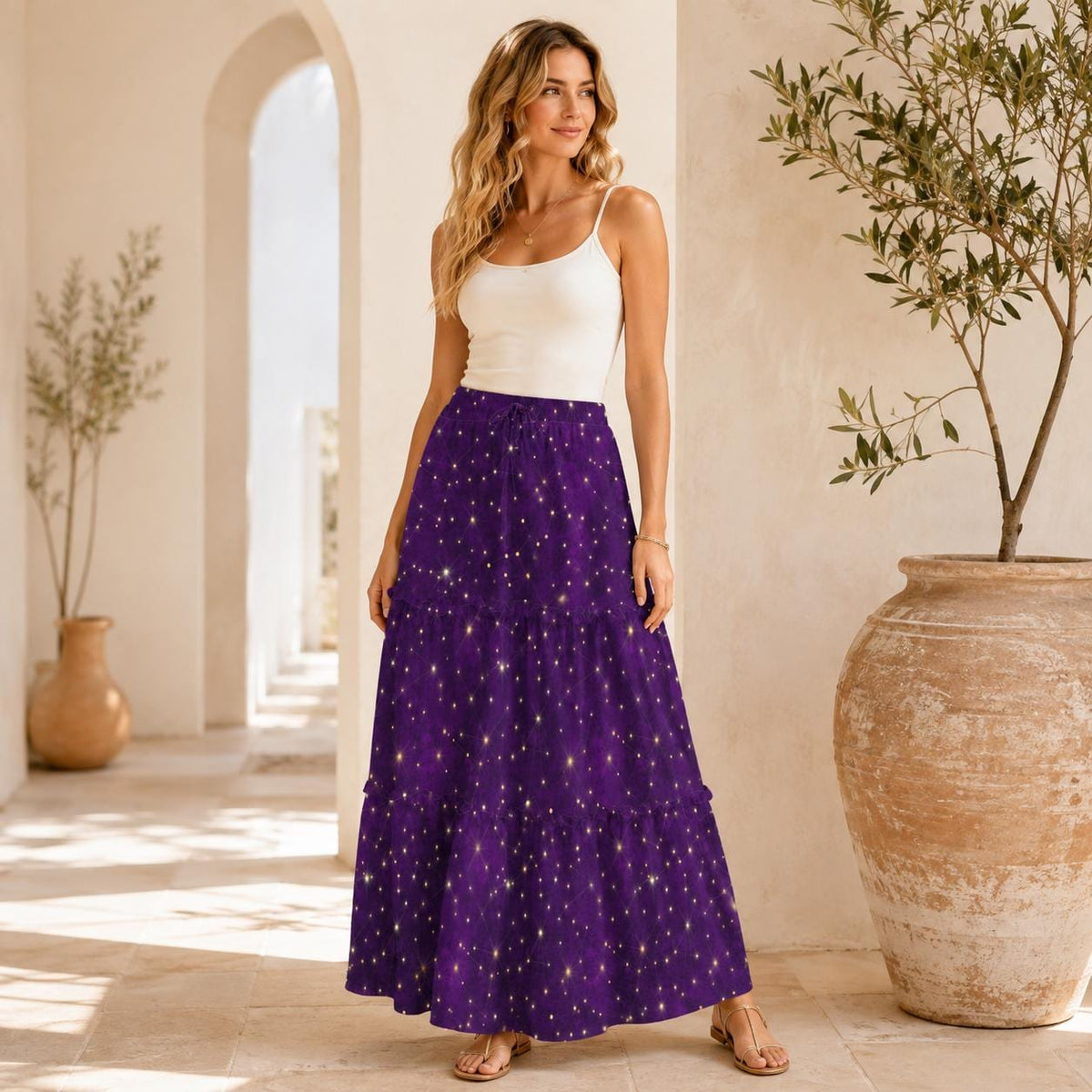Purple Galaxy Maxi Skirt, Celestial Starfield Tiered Design
