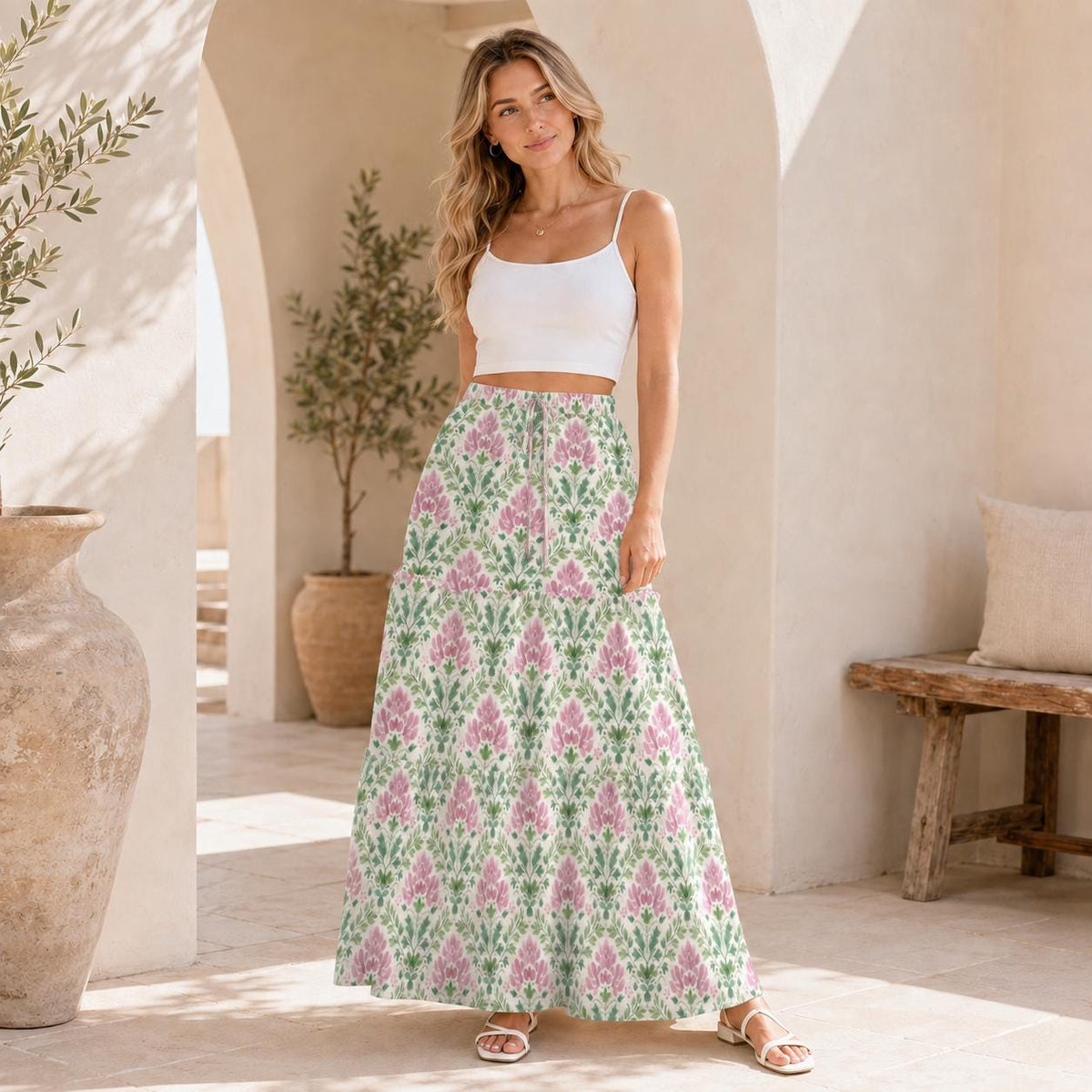Floral Maxi Skirt, Ivory Pink Botanical Block Print Style