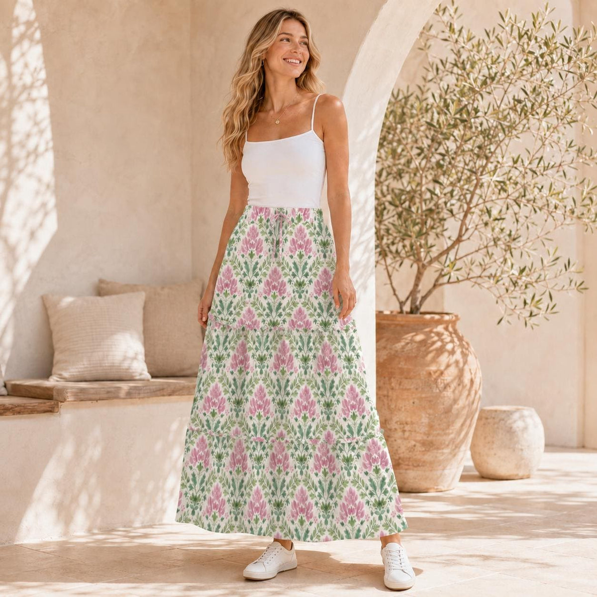 Floral Maxi Skirt, Ivory Pink Botanical Block Print Style