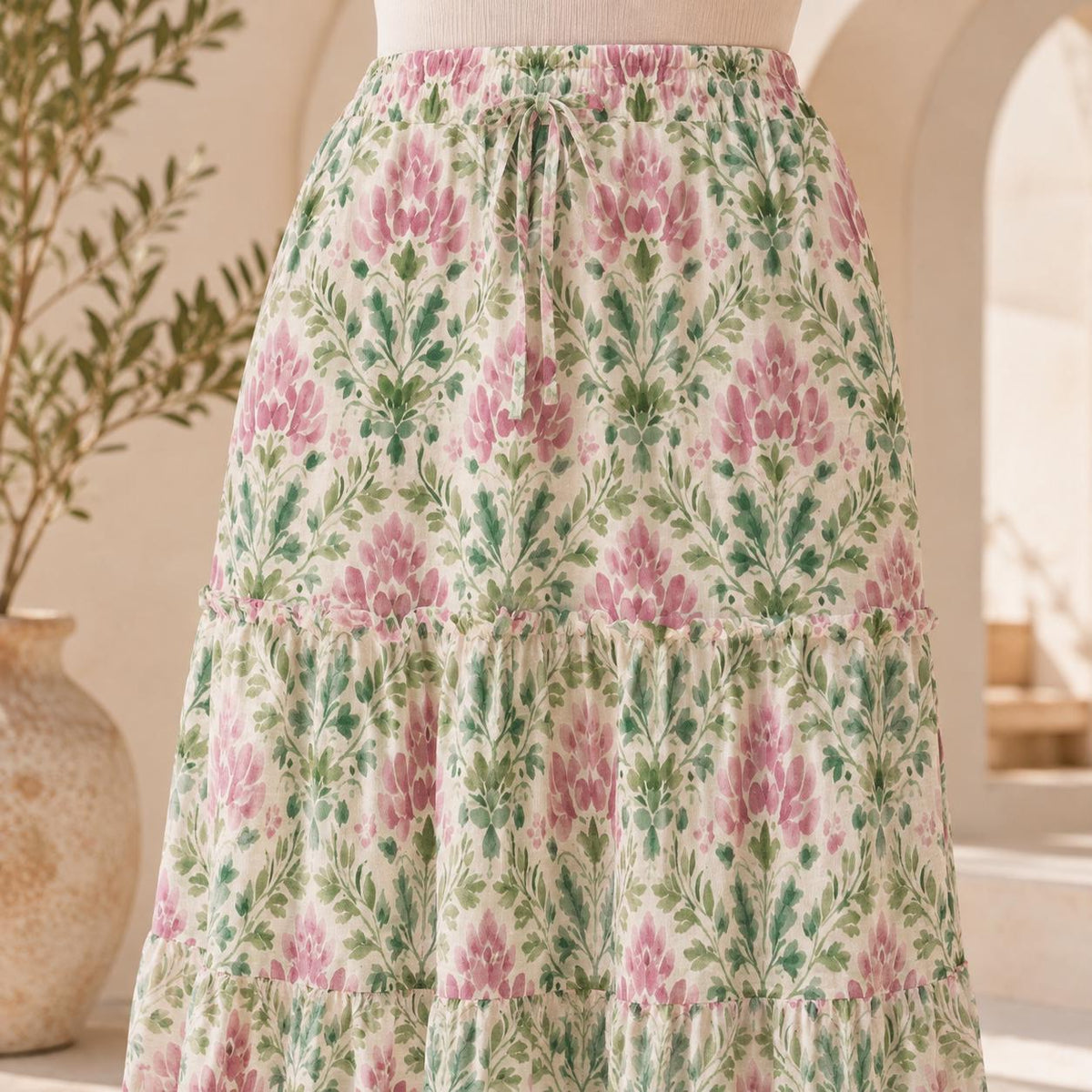 Floral Maxi Skirt, Ivory Pink Botanical Block Print Style