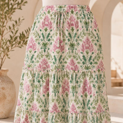 Floral Maxi Skirt, Ivory Pink Botanical Block Print Style