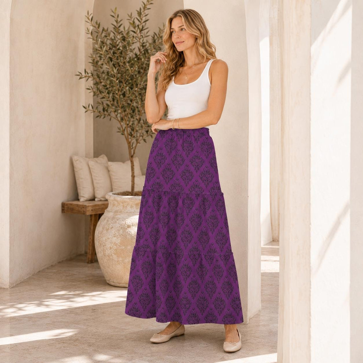 Gothic Damask Maxi Skirt, Purple Black Baroque Floral Pattern