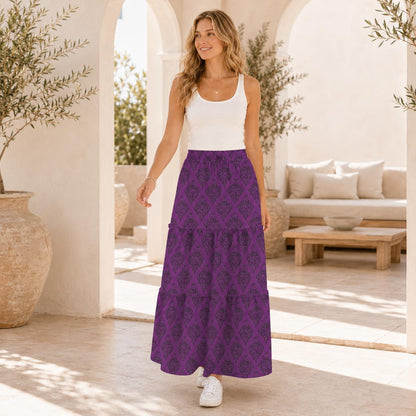 Gothic Damask Maxi Skirt, Purple Black Baroque Floral Pattern