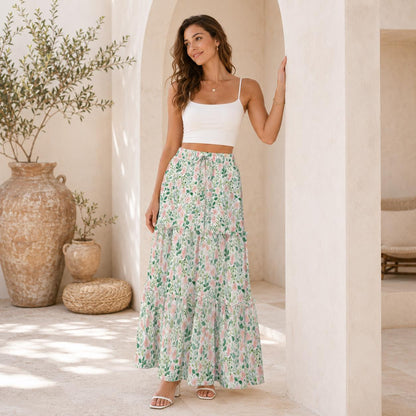 Cottage Garden Maxi Skirt, Blush Watercolor Floral Design