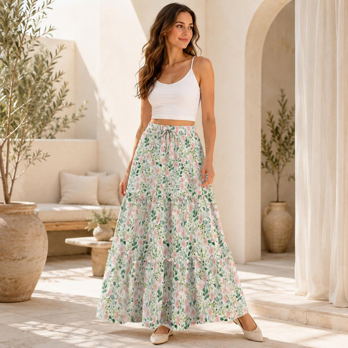 Cottage Garden Maxi Skirt, Blush Watercolor Floral Design