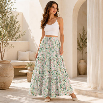 Cottage Garden Maxi Skirt, Blush Watercolor Floral Design