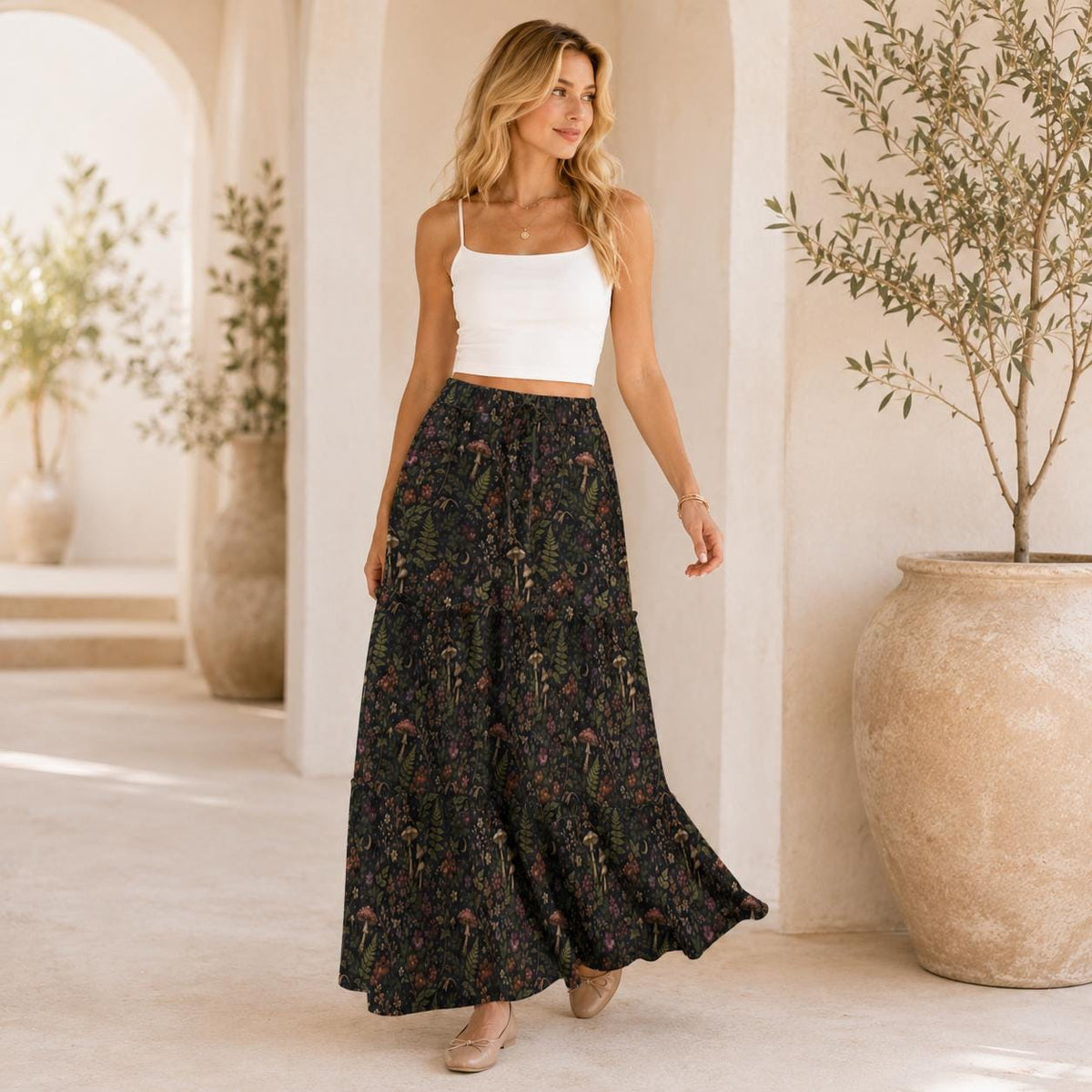 Enchanted Woodland Maxi Skirt, Mushrooms, Ferns and Dark Florals