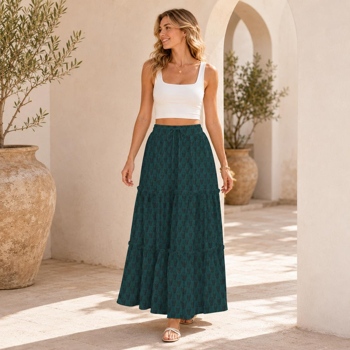 Tonal Damask Maxi Skirt, Forest Green Botanical Tiered Skirt