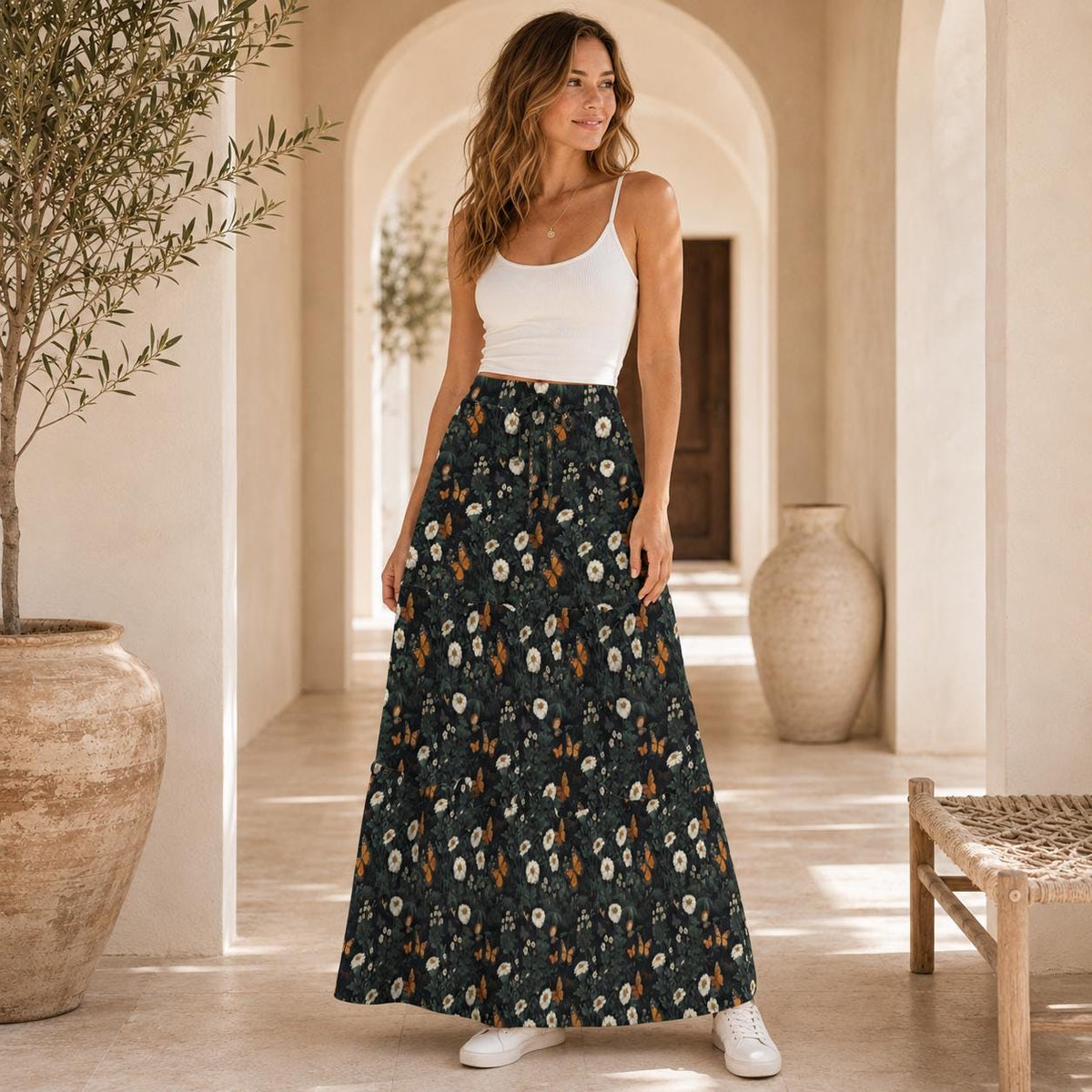 Daisy Maxi Skirt, Charcoal Tiered Wildflower Skirt