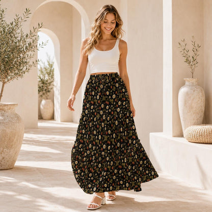 Ditsy Folk Floral Maxi Skirt, Dark Cottagecore Tiered Skirt
