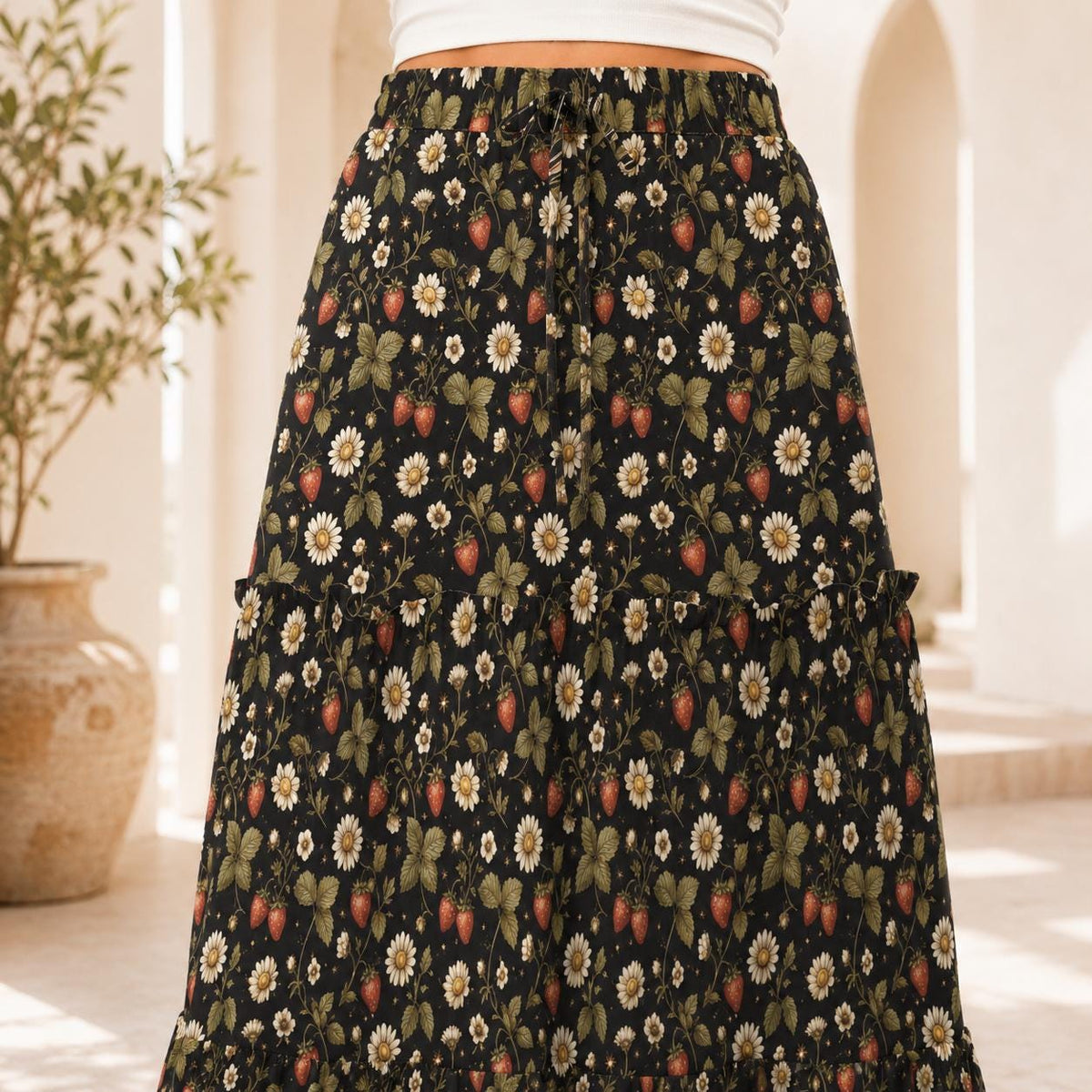 Ditsy Folk Floral Maxi Skirt, Dark Cottagecore Tiered Skirt