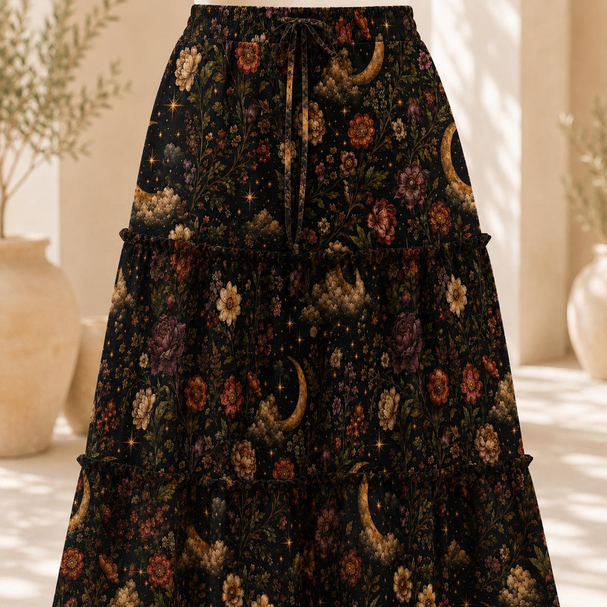 Celestial Floral Maxi Skirt, Golden Moons and Whimsigoth Blooms