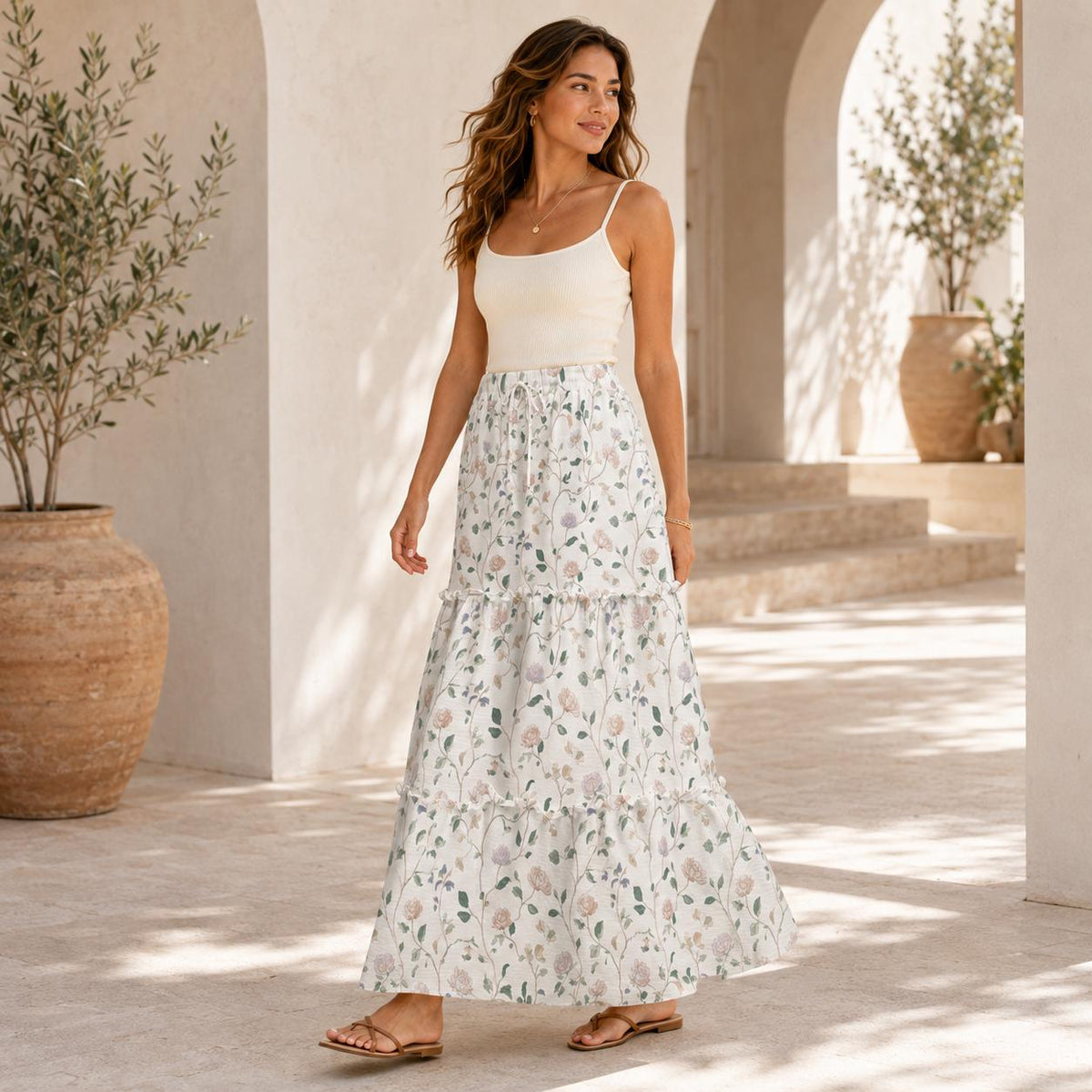 Ivory Wildflower Tiered Maxi Skirt, Sage Pink Cottagecore Long Skirt