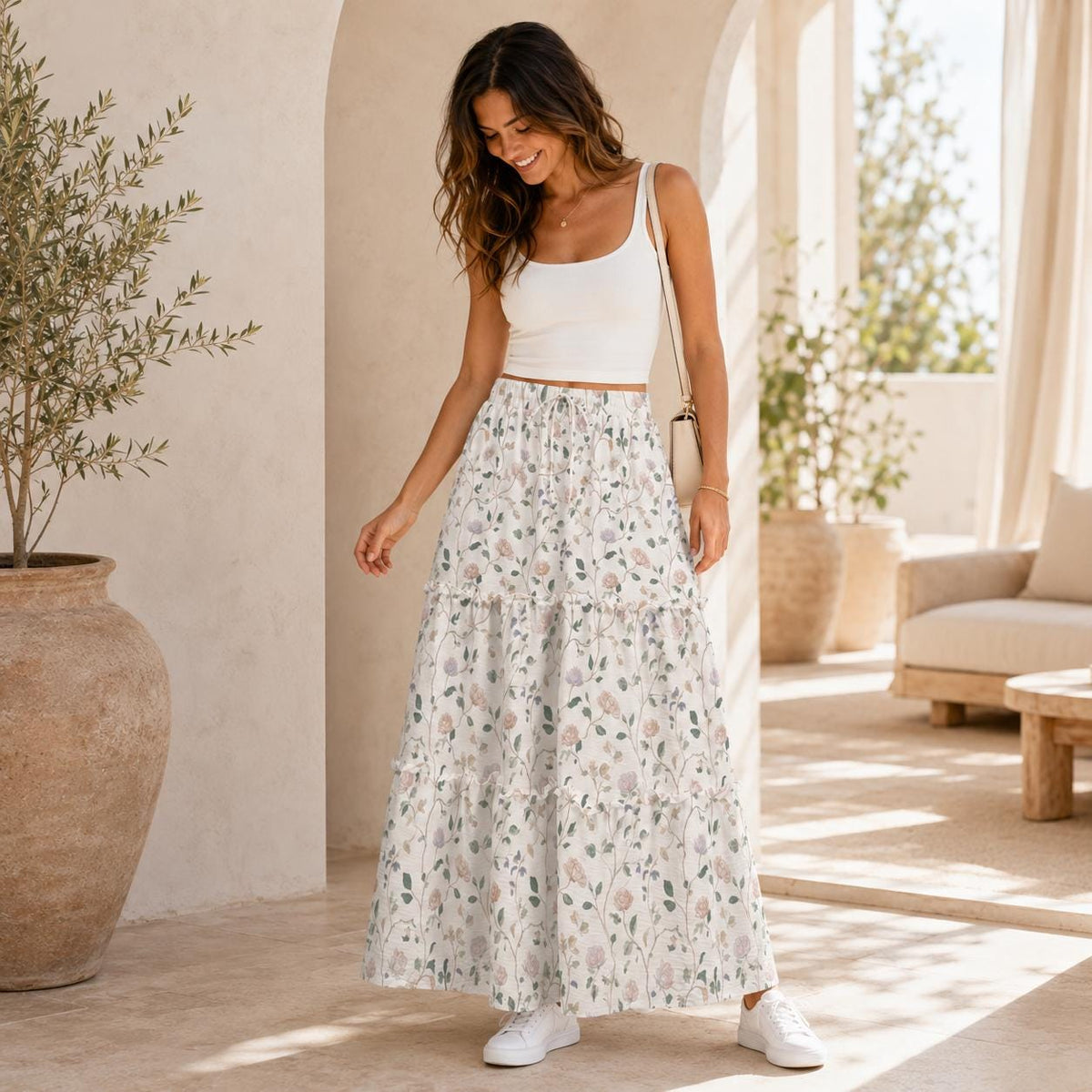 Ivory Wildflower Tiered Maxi Skirt, Sage Pink Cottagecore Long Skirt