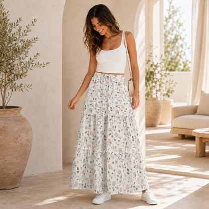 Ivory Wildflower Tiered Maxi Skirt, Sage Pink Cottagecore Long Skirt