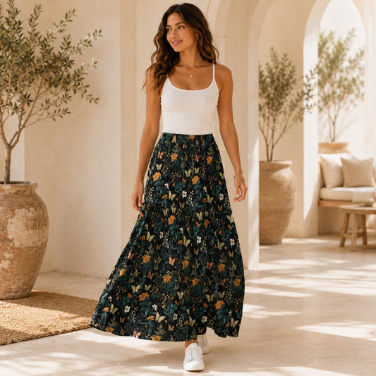 Dark Cottagecore Wildflower Maxi Skirt, Black Tiered Floral Design