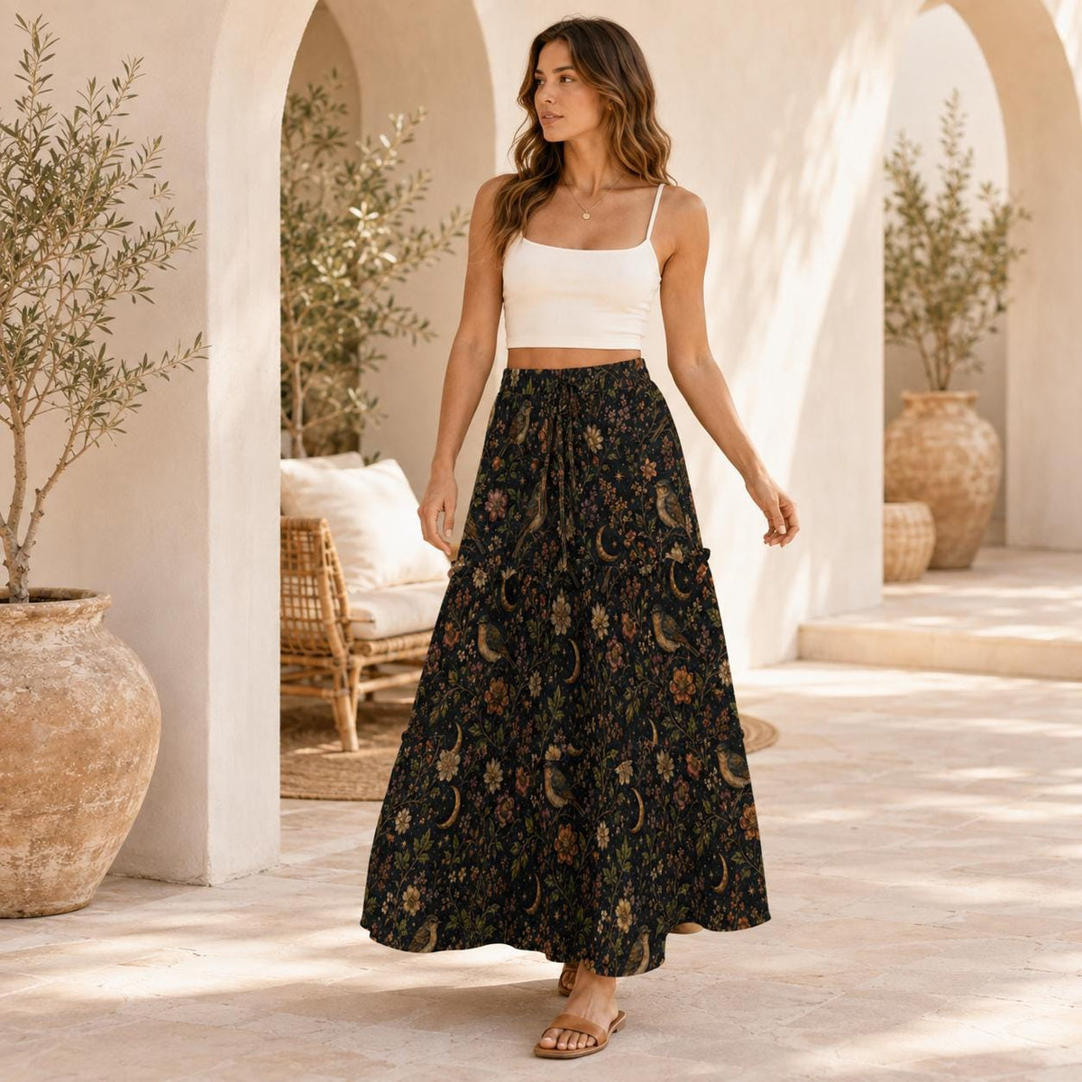 Celestial Forest Maxi Skirt, Black Moon Botanical Design