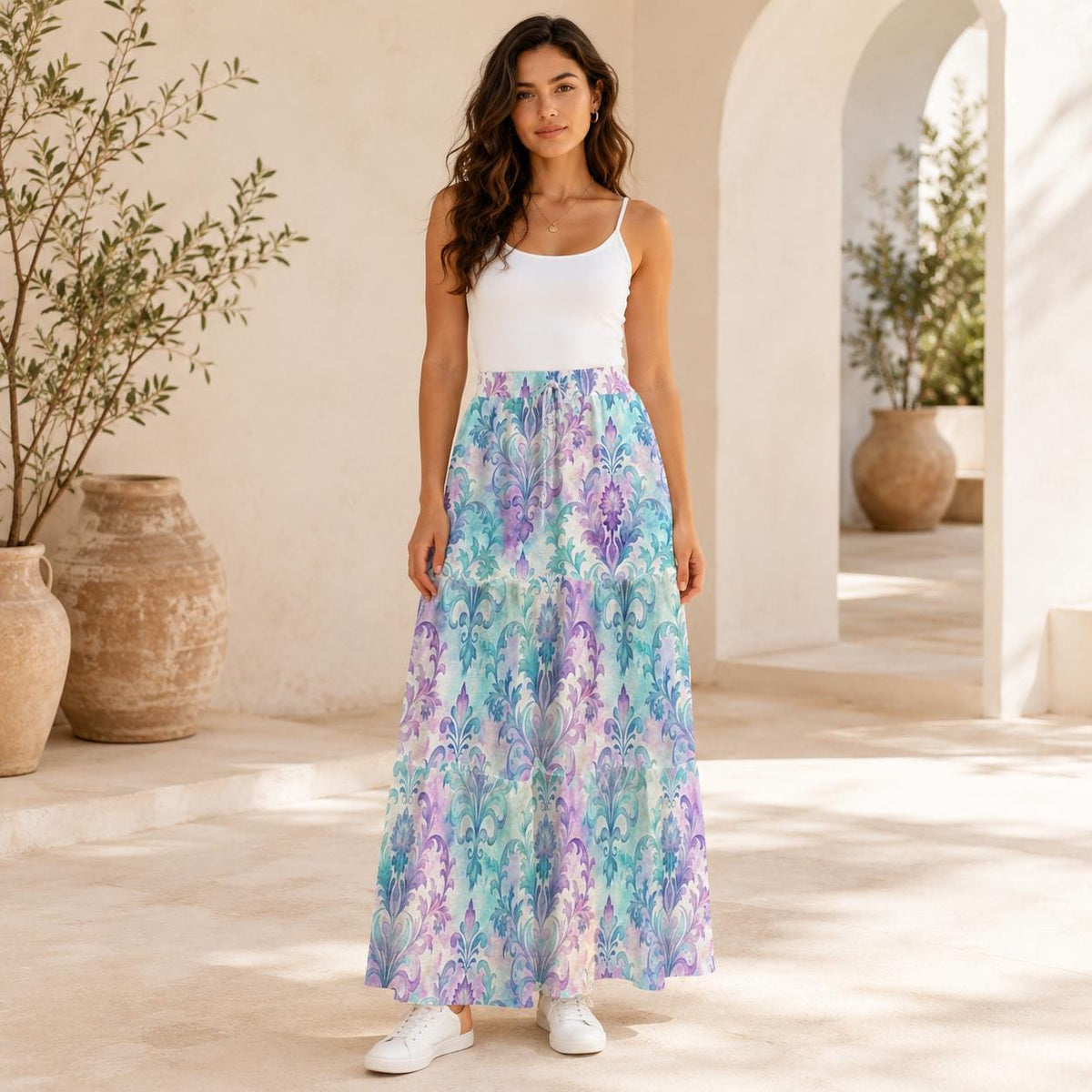 Pastel Paisley Maxi Skirt, Aqua Lavender Botanical Tiered Skirt