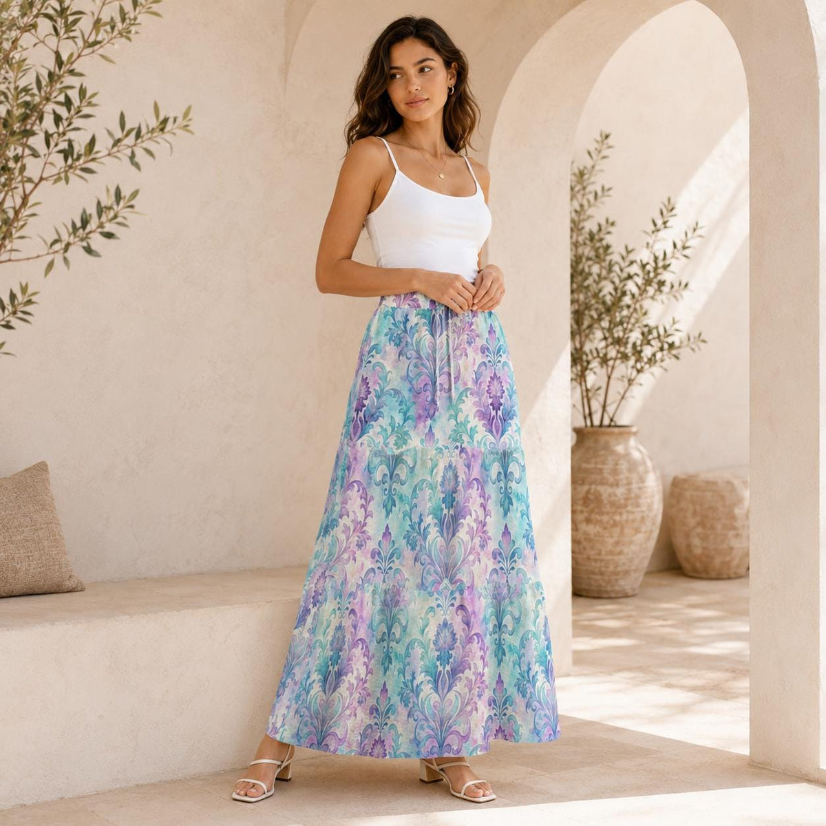 Pastel Paisley Maxi Skirt, Aqua Lavender Botanical Tiered Skirt