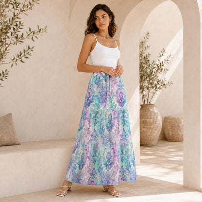 Pastel Paisley Maxi Skirt, Aqua Lavender Botanical Tiered Skirt