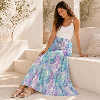 Pastel Paisley Maxi Skirt, Aqua Lavender Botanical Tiered Skirt