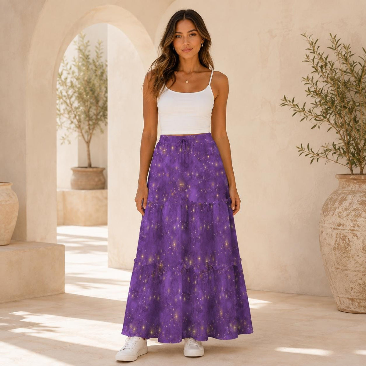Purple Celestial Maxi Skirt, Gold Star Tiered Boho Skirt