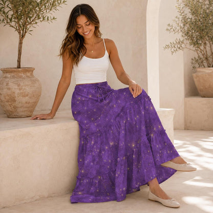 Purple Celestial Maxi Skirt, Gold Star Tiered Boho Skirt