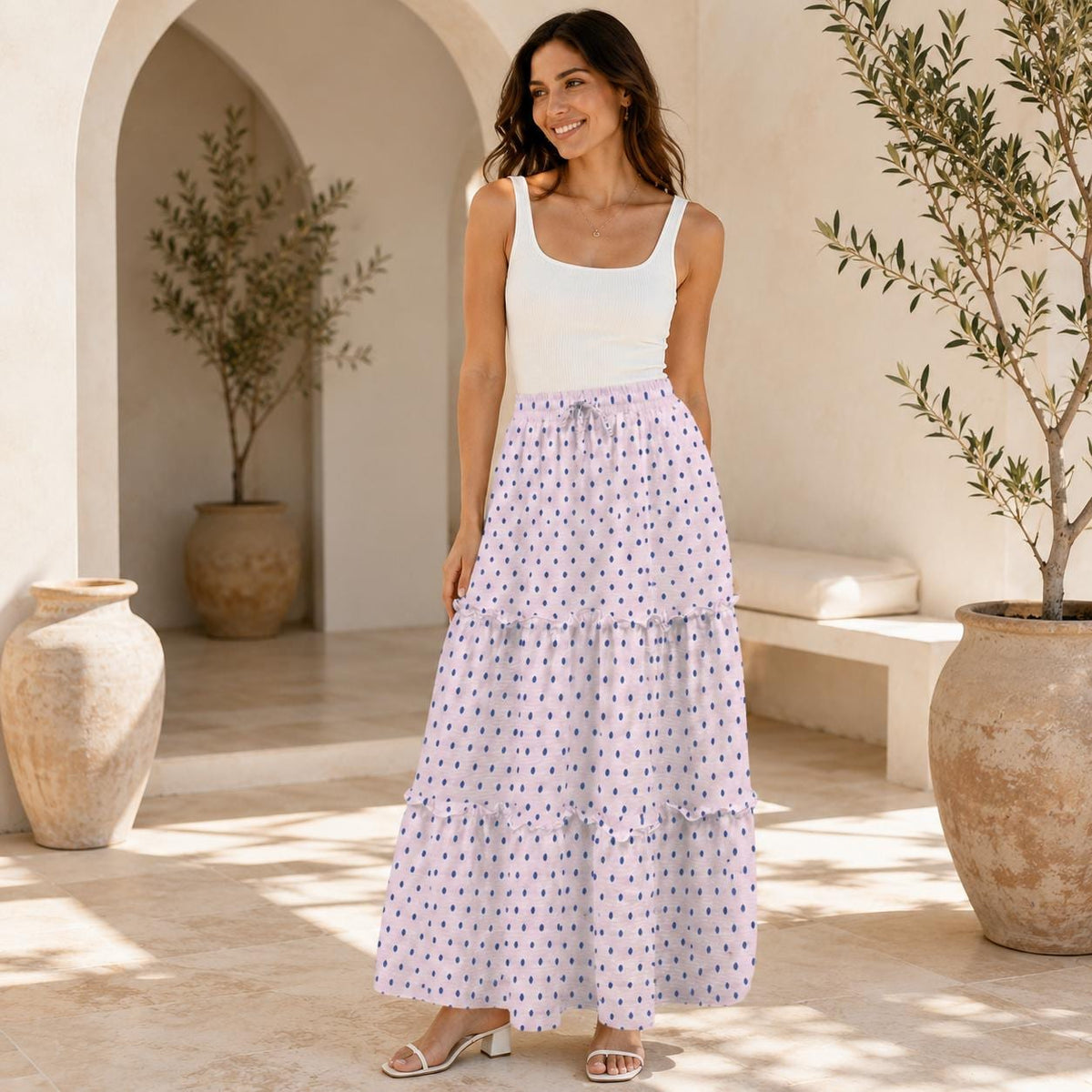 Lavender Polka Dot Maxi Skirt, Purple Tiered Retro Style