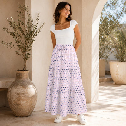 Lavender Polka Dot Maxi Skirt, Purple Tiered Retro Style
