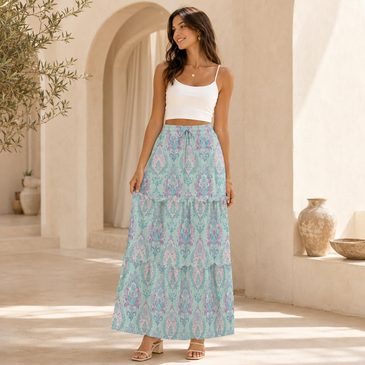 Pastel Aqua Paisley Maxi Skirt, Romantic Boho Damask Medallions
