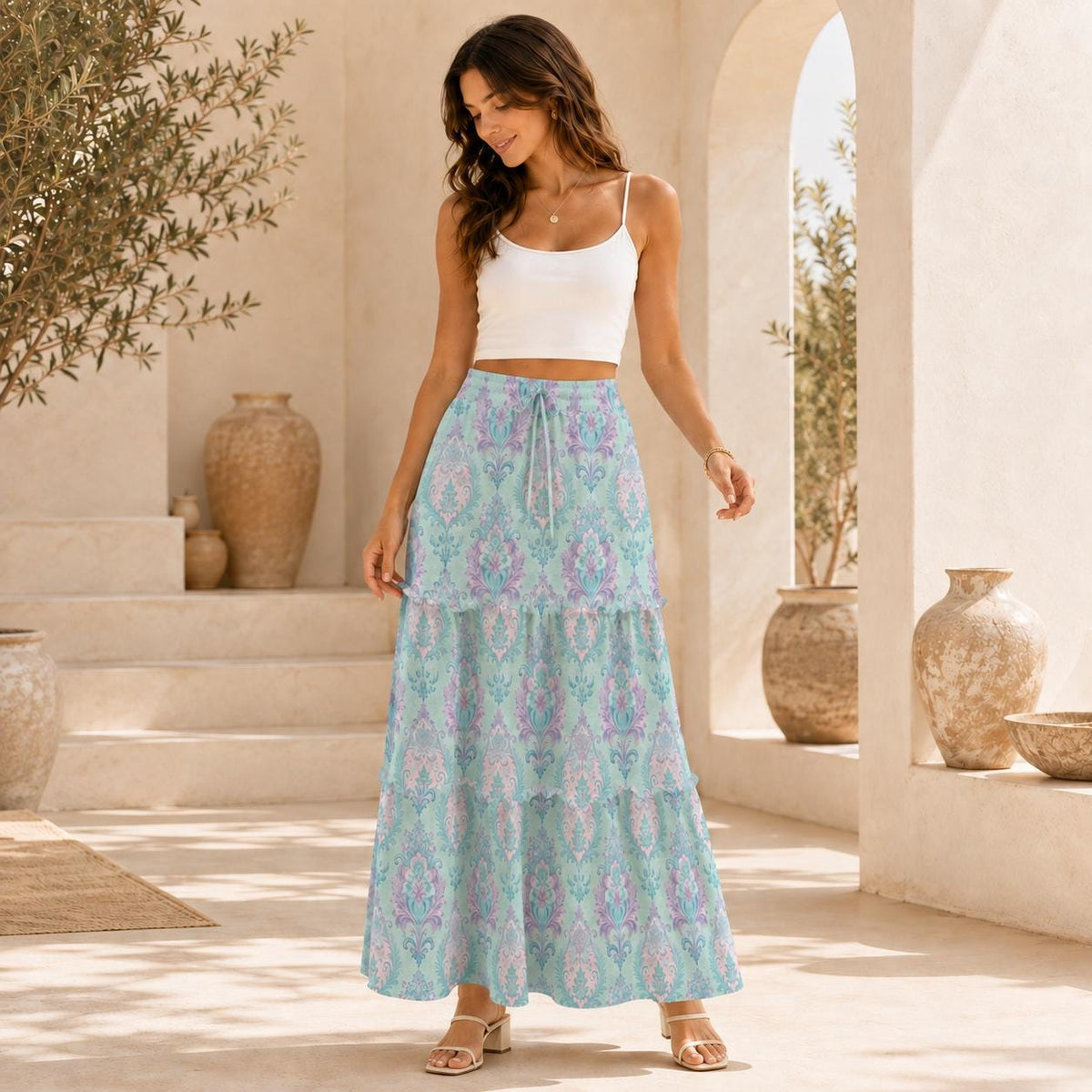 Pastel Aqua Paisley Maxi Skirt, Romantic Boho Damask Medallions