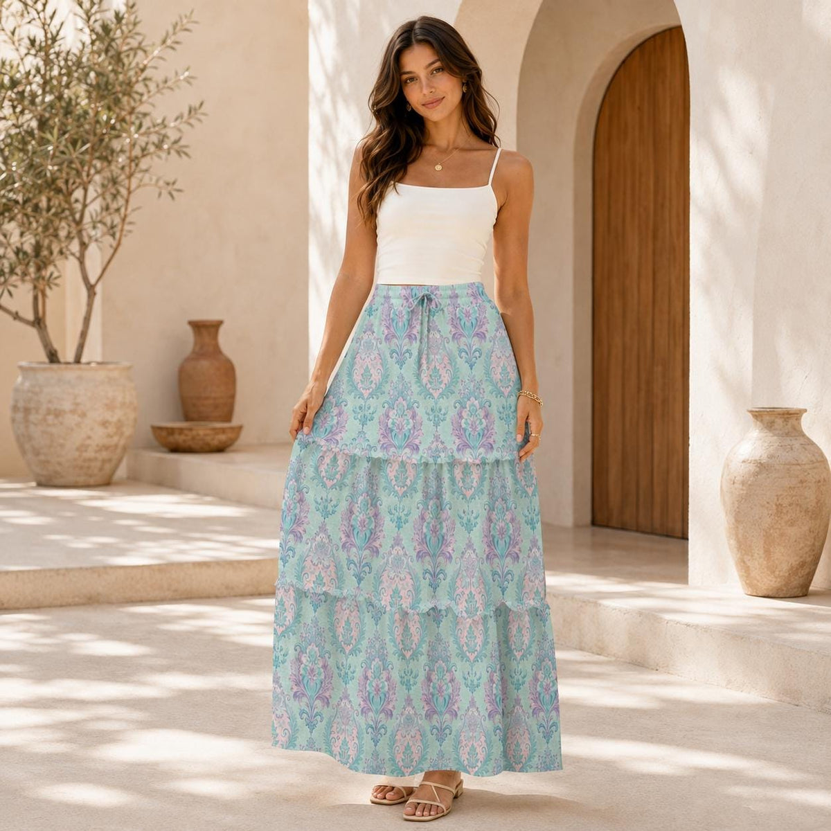 Pastel Aqua Paisley Maxi Skirt, Romantic Boho Damask Medallions