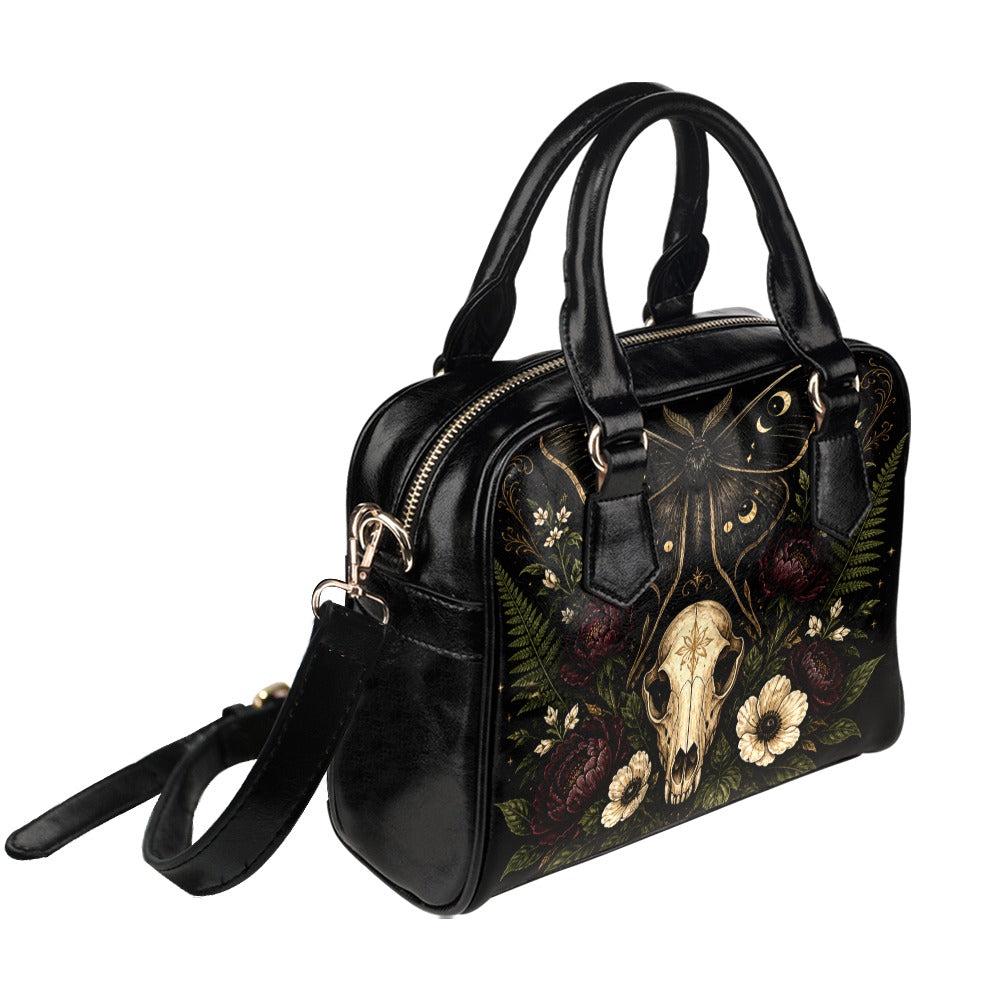 Gothic Skull and Golden Moth Shoulder Bag with Moon Phases and Crossbody Strap