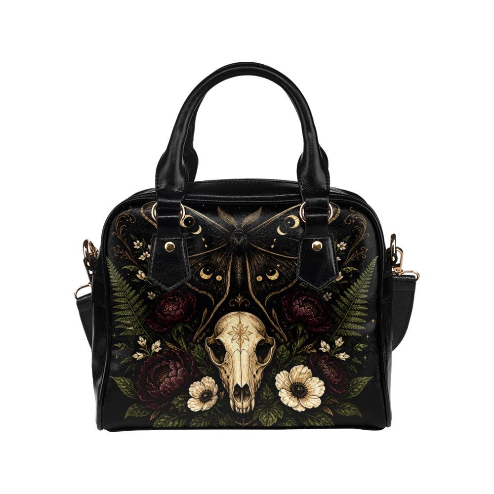 Gothic Skull and Golden Moth Shoulder Bag with Moon Phases and Crossbody Strap