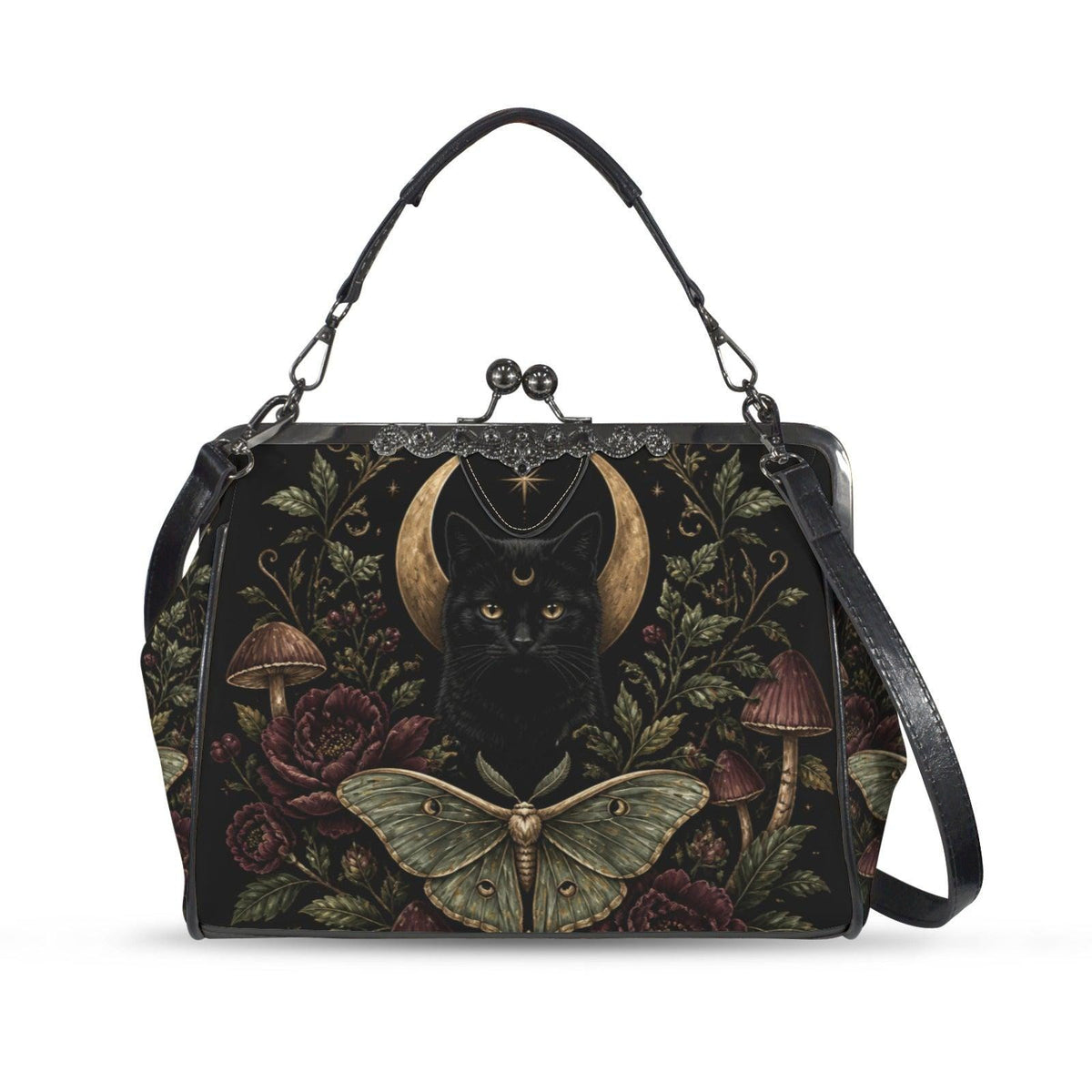 Black Cat Crescent Moon Kiss Lock Handbag with Luna Moth and Crossbody Strap