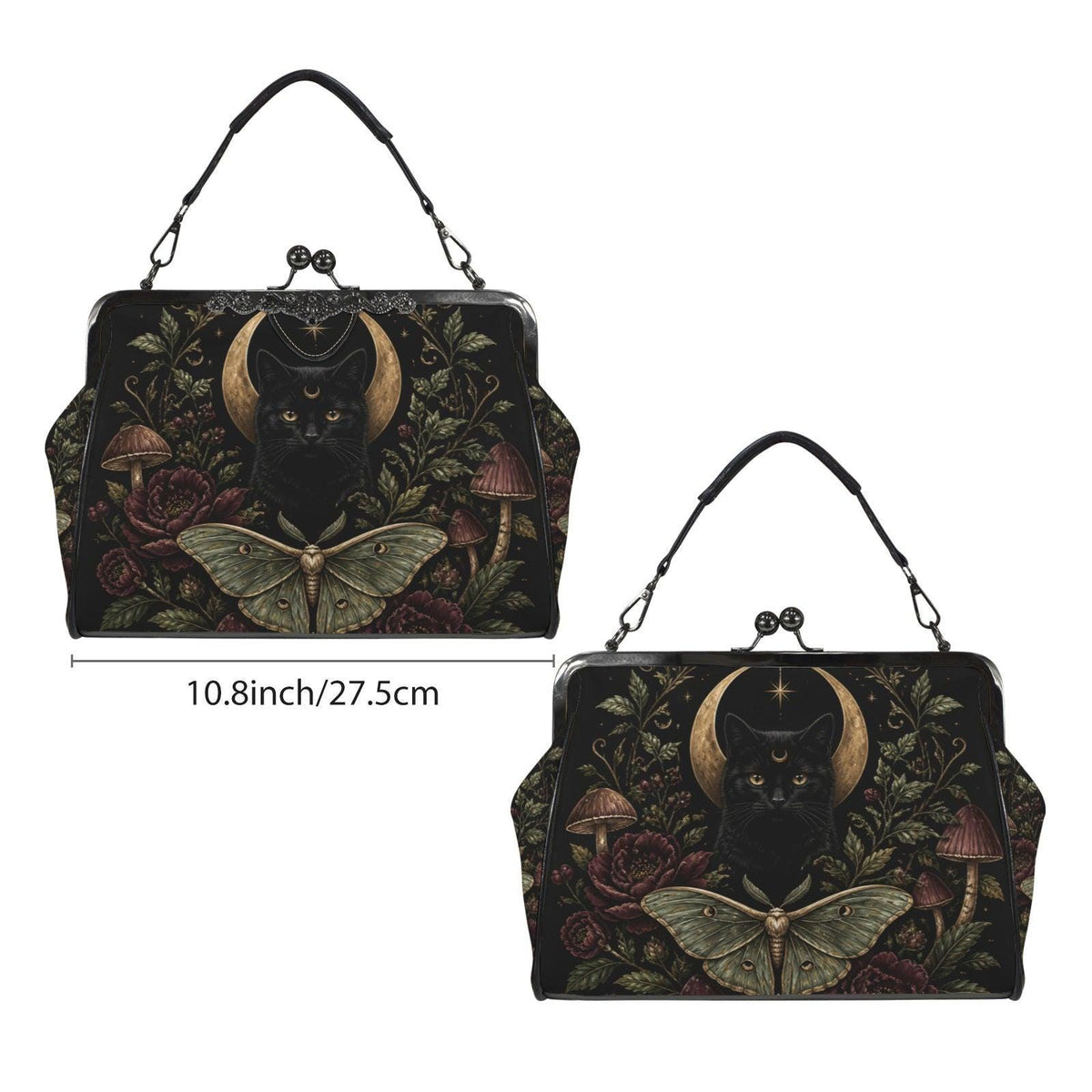 Black Cat Crescent Moon Kiss Lock Handbag with Luna Moth and Crossbody Strap