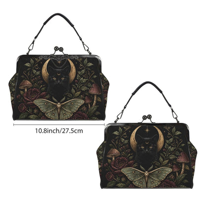 Black Cat Crescent Moon Kiss Lock Handbag with Luna Moth and Crossbody Strap